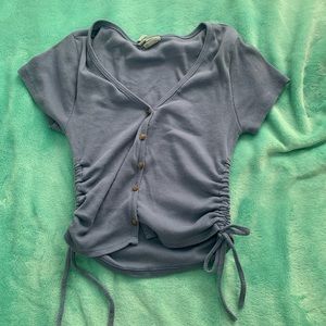 blue button crop t with scrunch ties